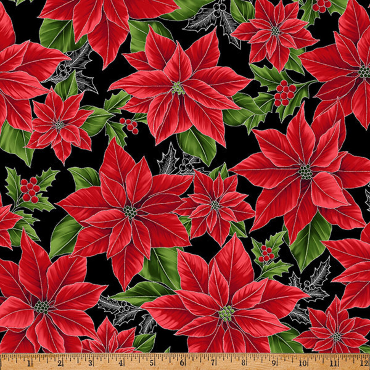 Fabric Hoffman Onyx Silver Large Poinsettias Blooming Holidays by the Quarter Yard X7787-213S